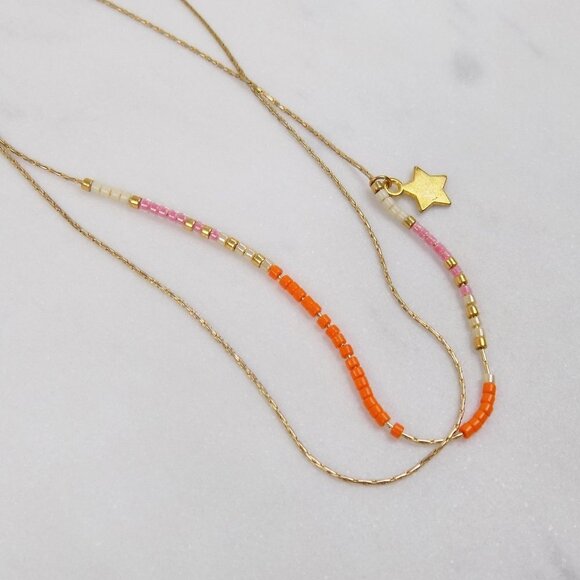 delicate layered stone 2 layer beaded choker gold chain star charm - Picture 1 of 5